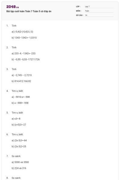 Bài tập cuối tuần Toán 7 Tuần 5 có đáp án