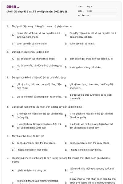 Đề thi Giữa học kì 2 Vật lí 9 có đáp án năm 2022 (Đề 2)