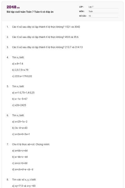 Bài tập cuối tuần Toán 7 Tuần 6 có đáp án