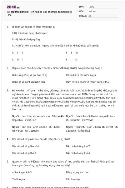 Bài tập trắc nghiệm Tiến hóa có đáp án (mức độ nhận biết - P3)