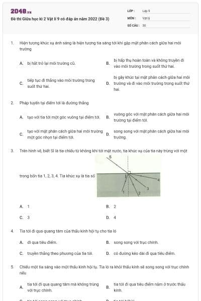 Đề thi Giữa học kì 2 Vật lí 9 có đáp án năm 2022 (Đề 3)