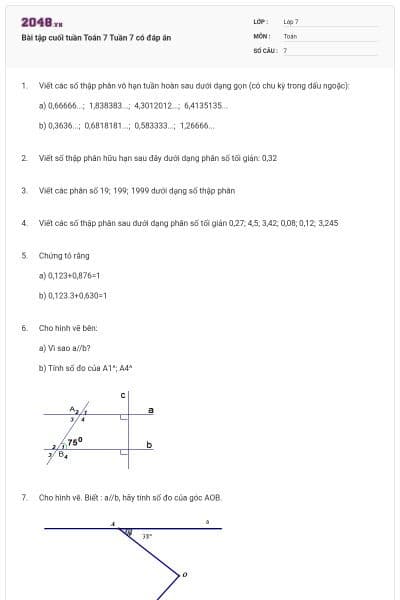 Bài tập cuối tuần Toán 7 Tuần 7 có đáp án