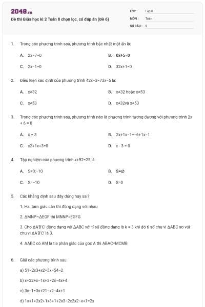 Đề thi Giữa học kì 2 Toán 8 chọn lọc, có đáp án (Đề 6)