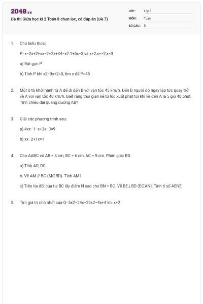 Đề thi Giữa học kì 2 Toán 8 chọn lọc, có đáp án (Đề 7)