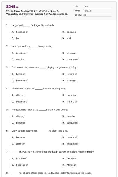 20 câu Tiếng Anh lớp 7 Unit 7: What's for dinner? - Vocabulary and Grammar - Explore New Worlds có đáp án