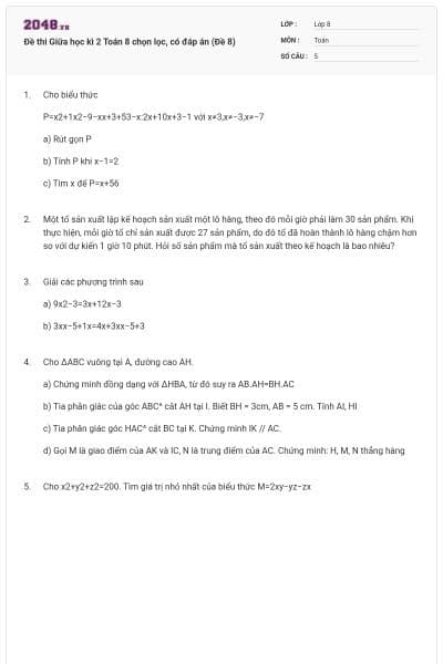 Đề thi Giữa học kì 2 Toán 8 chọn lọc, có đáp án (Đề 8)