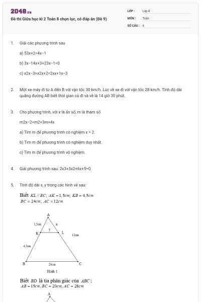 Đề thi Giữa học kì 2 Toán 8 chọn lọc, có đáp án (Đề 9)