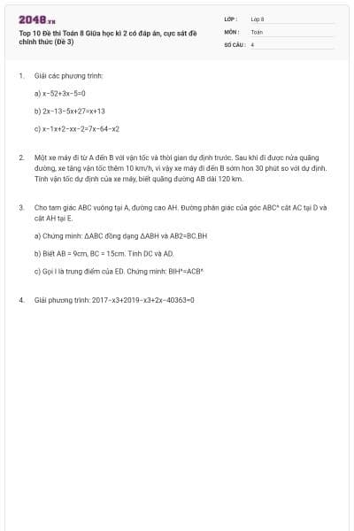 Top 10 Đề thi Toán 8 Giữa học kì 2 có đáp án, cực sát đề chính thức (Đề 3)