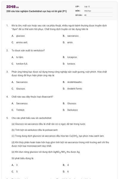 200 câu trắc nghiệm Cacbohidrat cực hay có lời giải (P1)