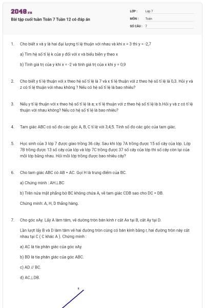 Bài tập cuối tuần Toán 7 Tuần 12 có đáp án