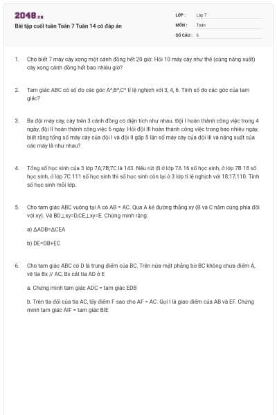 Bài tập cuối tuần Toán 7 Tuần 14 có đáp án