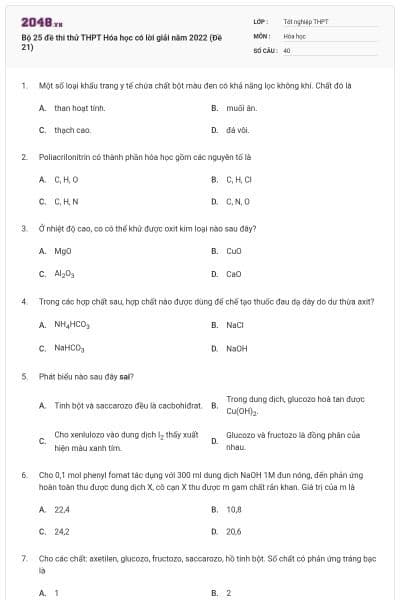 Bộ 25 đề thi thử THPT Hóa học có lời giải năm 2022 (Đề 21)