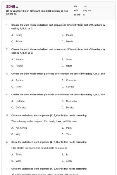 Đề thi vào lớp 10 môn Tiếng Anh năm 2020 cực hay có đáp án (Đề 19)
