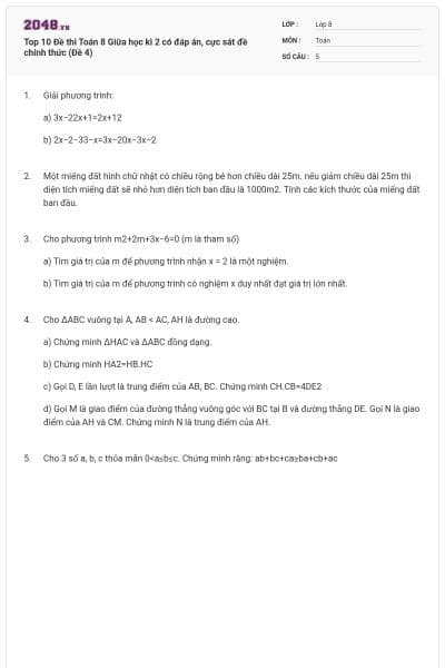 Top 10 Đề thi Toán 8 Giữa học kì 2 có đáp án, cực sát đề chính thức (Đề 4)