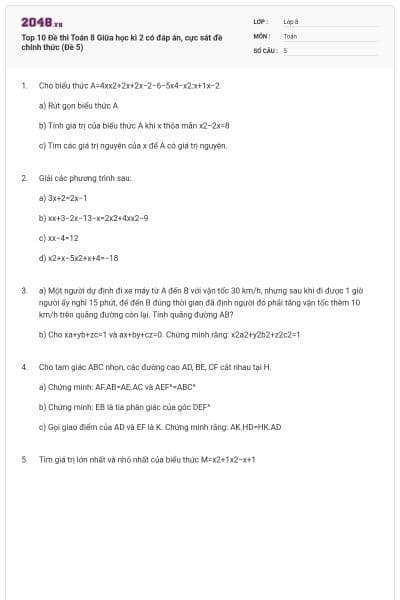 Top 10 Đề thi Toán 8 Giữa học kì 2 có đáp án, cực sát đề chính thức (Đề 5)