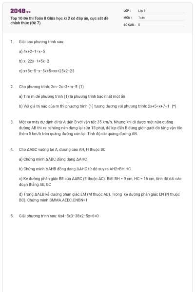 Top 10 Đề thi Toán 8 Giữa học kì 2 có đáp án, cực sát đề chính thức (Đề 7)