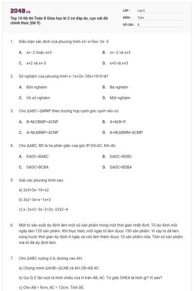 Top 10 Đề thi Toán 8 Giữa học kì 2 có đáp án, cực sát đề chính thức (Đề 9)