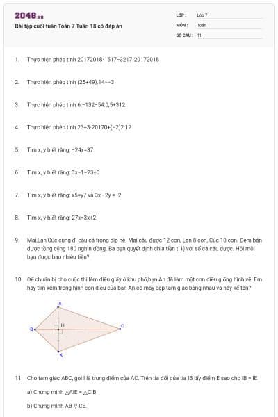 Bài tập cuối tuần Toán 7 Tuần 18 có đáp án