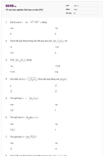 75 câu trắc nghiệm Giới hạn cơ bản (P2)