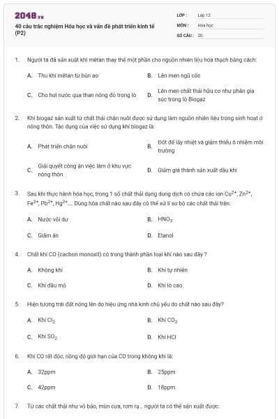 40 câu trắc nghiệm Hóa học và vấn đề phát triển kinh tế (P2)