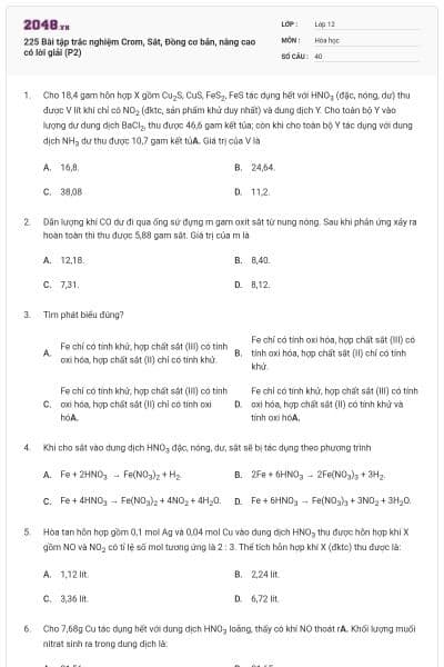 225 Bài tập trắc nghiệm Crom, Sắt, Đồng cơ bản, nâng cao có lời giải (P2)