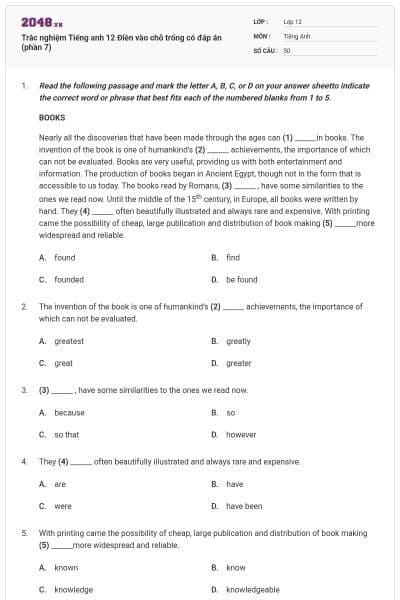 Trắc nghiệm Tiếng anh 12 Điền vào chỗ trống có đáp án (phần 7)