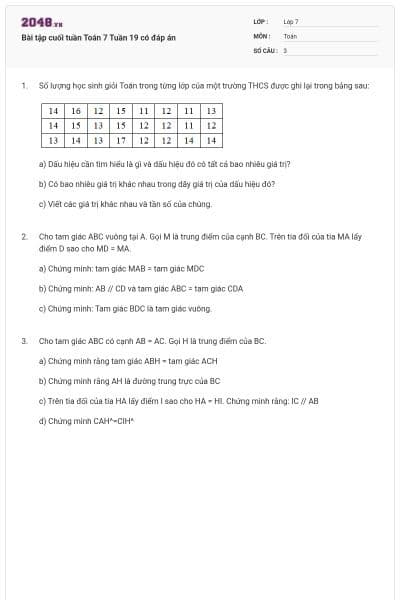 Bài tập cuối tuần Toán 7 Tuần 19 có đáp án