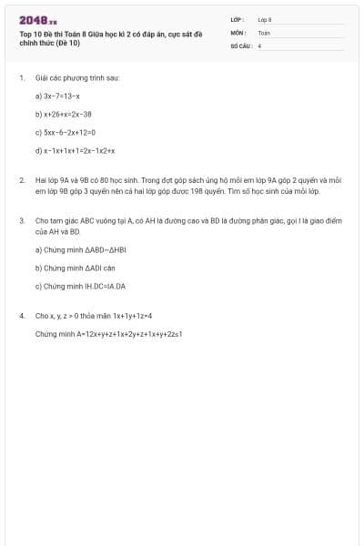 Top 10 Đề thi Toán 8 Giữa học kì 2 có đáp án, cực sát đề chính thức (Đề 10)