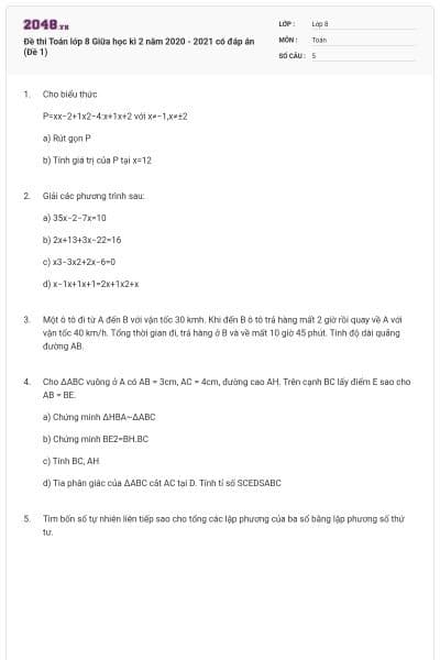 Đề thi Toán lớp 8 Giữa học kì 2 năm 2020 - 2021 có đáp án (Đề 1)