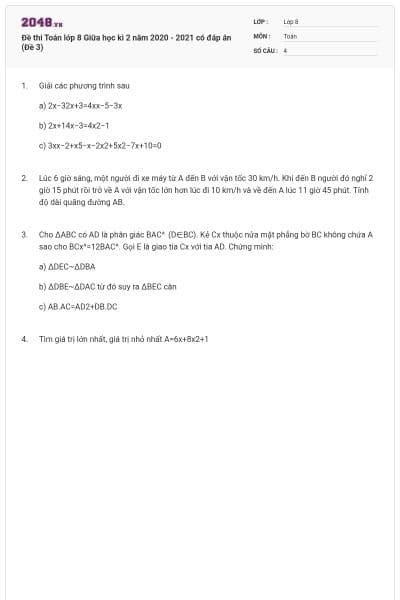 Đề thi Toán lớp 8 Giữa học kì 2 năm 2020 - 2021 có đáp án (Đề 3)