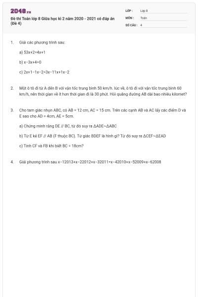 Đề thi Toán lớp 8 Giữa học kì 2 năm 2020 - 2021 có đáp án (Đề 4)