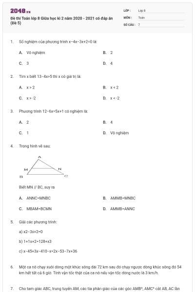 Đề thi Toán lớp 8 Giữa học kì 2 năm 2020 - 2021 có đáp án (Đề 5)
