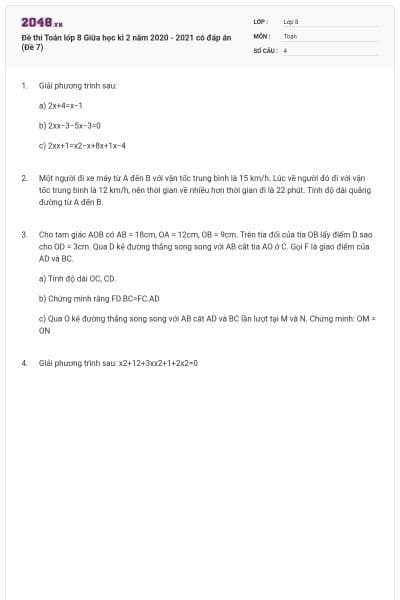 Đề thi Toán lớp 8 Giữa học kì 2 năm 2020 - 2021 có đáp án (Đề 7)