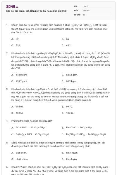 500 Bài tập Crom, Sắt, Đồng ôn thi Đại học có lời giải (P3)