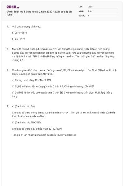 Đề thi Toán lớp 8 Giữa học kì 2 năm 2020 - 2021 có đáp án (Đề 8)