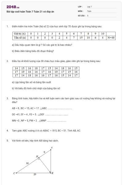 Bài tập cuối tuần Toán 7 Tuần 21 có đáp án