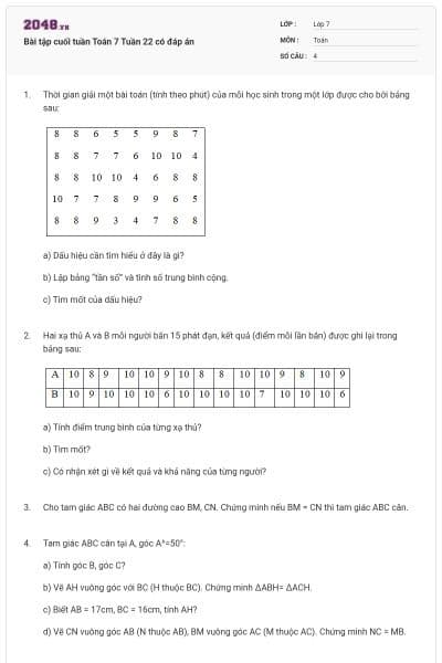 Bài tập cuối tuần Toán 7 Tuần 22 có đáp án