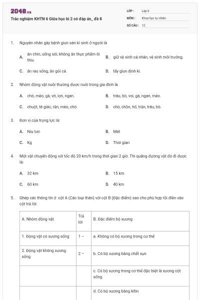 Trắc nghiệm KHTN 6 Giữa học kì 2 có đáp án_ đề 8