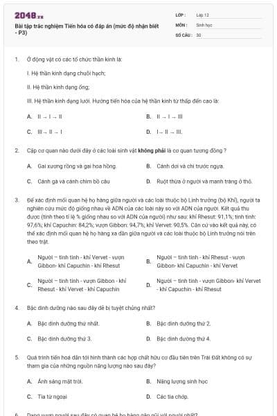 Bài tập trắc nghiệm Tiến hóa có đáp án (mức độ nhận biết - P3)