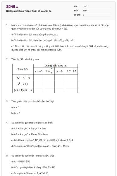 Bài tập cuối tuần Toán 7 Tuần 25 có đáp án