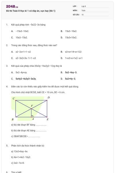 Đề thi Toán 8 Học kì 1 có đáp án, cực hay (Đề 1)