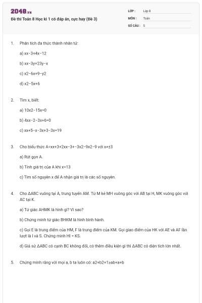 Đề thi Toán 8 Học kì 1 có đáp án, cực hay (Đề 3)