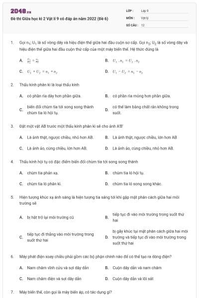 Đề thi Giữa học kì 2 Vật lí 9 có đáp án năm 2022 (Đề 6)