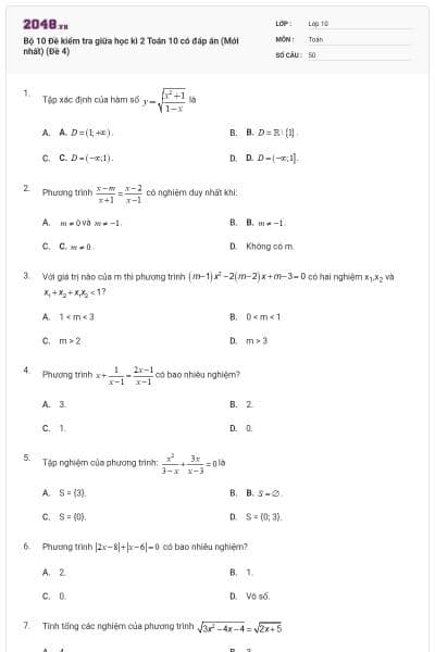 Bộ 10 Đề kiểm tra giữa học kì 2 Toán 10 có đáp án (Mới nhất) (Đề 4)