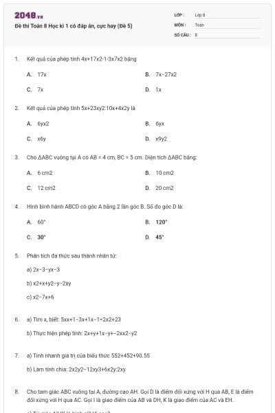 Đề thi Toán 8 Học kì 1 có đáp án, cực hay (Đề 5)