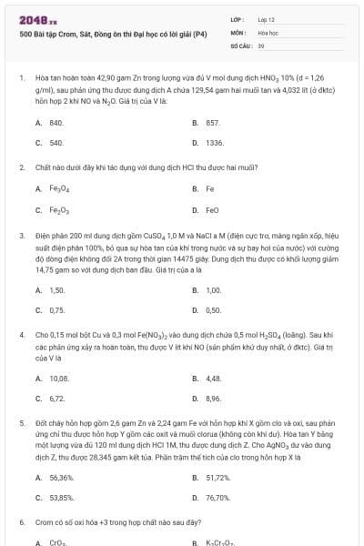 500 Bài tập Crom, Sắt, Đồng ôn thi Đại học có lời giải (P4)