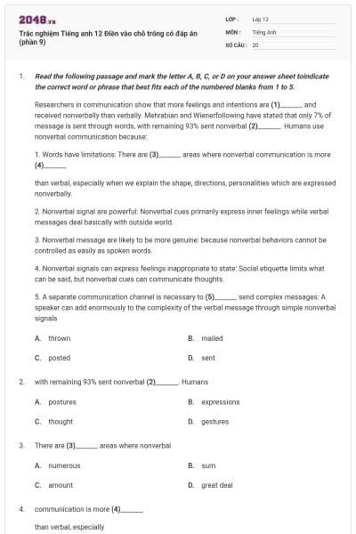 Trắc nghiệm Tiếng anh 12 Điền vào chỗ trống có đáp án (phần 9)