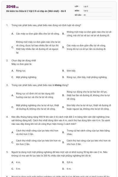 Đề kiểm tra Giữa kì 2 Vật lí 8 có đáp án (Mới nhất) - Đề 8