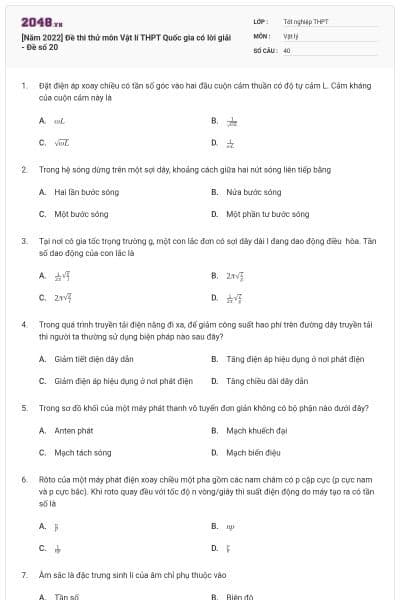[Năm 2022] Đề thi thử môn Vật lí THPT Quốc gia có lời giải - Đề số 20