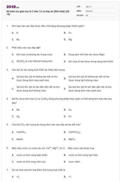 Đề kiểm tra giữa học kì 2 Hóa 12 có đáp án (Mới nhất) (Đề 18)